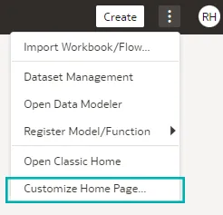 Page Menu, Customize Home Page highlighted