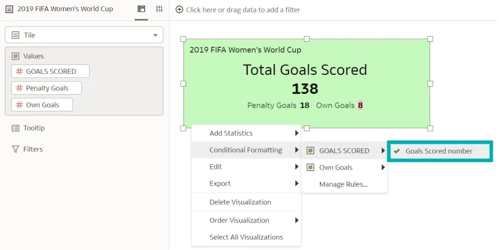 Own Goals number highlighted in red. Whole tile in green. Goals Scored number selected in pop up menu
