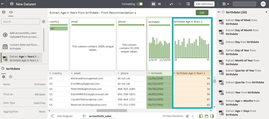 New Dataset interface, birthdate Age in Years 1 colum is highlighted