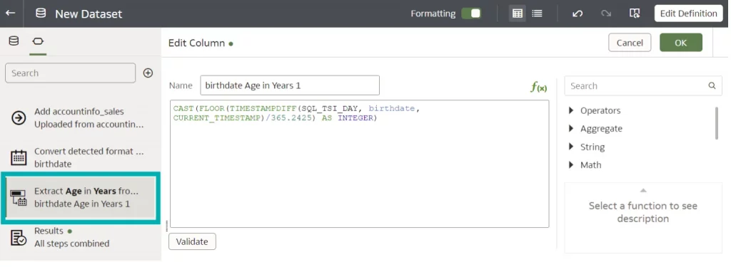 New Dataset interface, Extract age in Years is highlighted