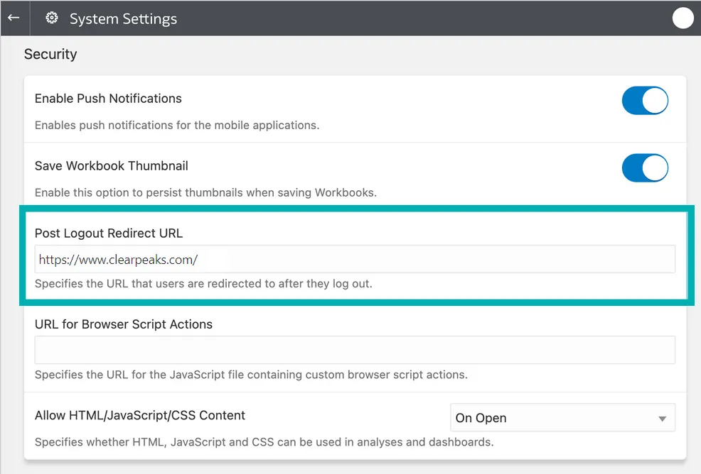 System Settings menu. Post Logout Redirect URL is highlighted