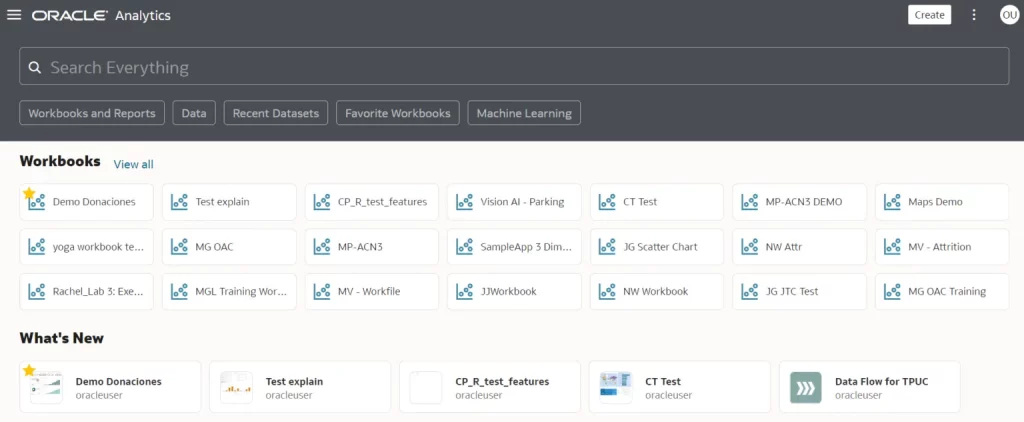 Oracle Analytics Home page