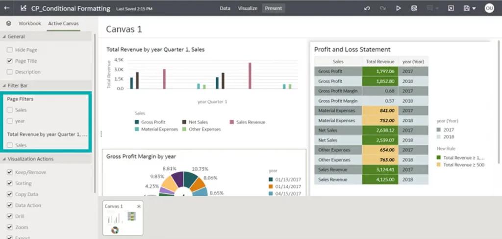 From the Filter Bar section, select or deselect the contents to show or hide a filter bar in the dashboard