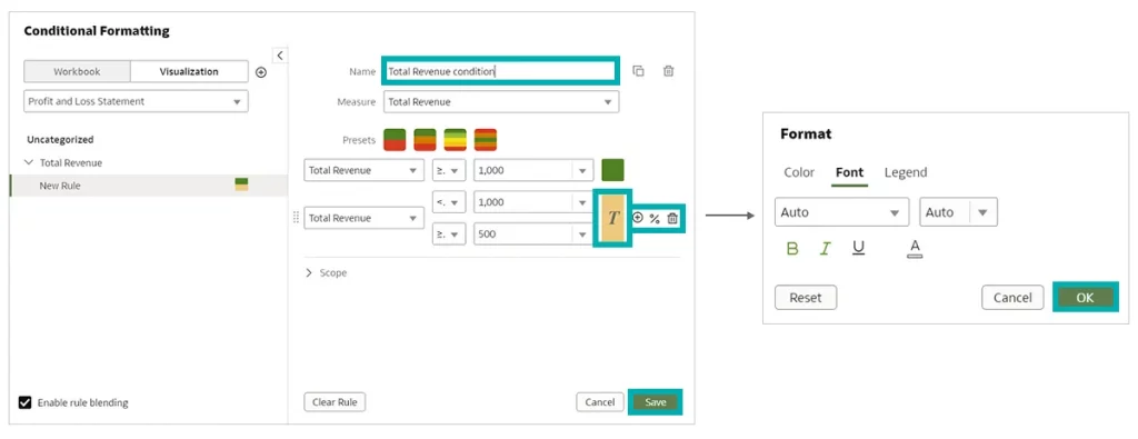 Conditional Formating interface, Name, Format icon, OK button and Save button are highlighted 