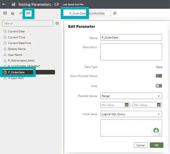 Parameter interface, selectable via parameter tab