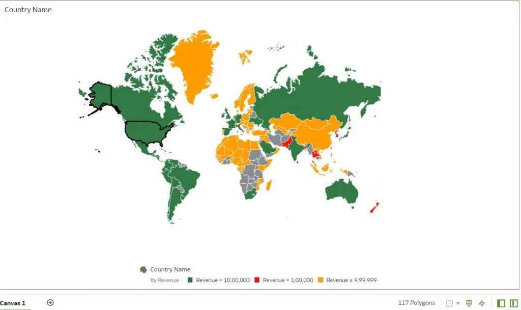 map visualisation, with Conditional Formatting applied (colored world map)