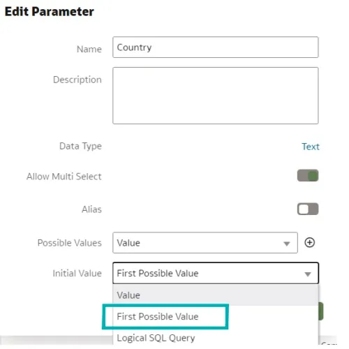 Edit Parameter interface. First Possible Value is selected for Initial Value