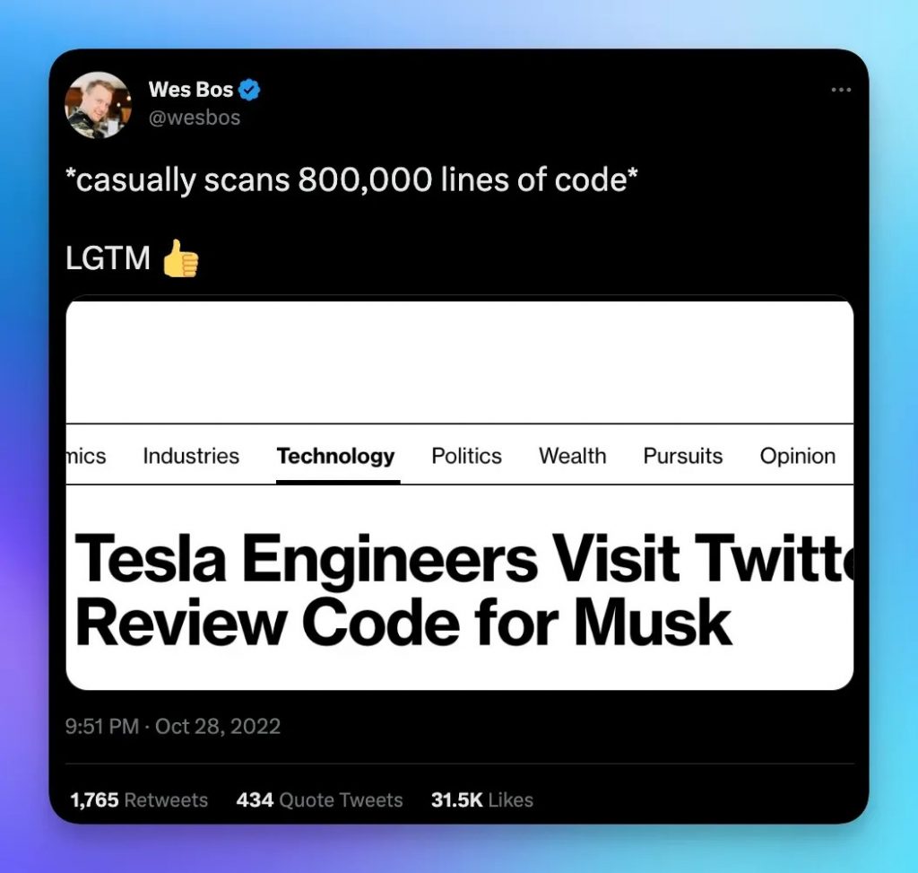 Post by Wes Bos titled *casually scans 800,000 lines of code* with a screenshot of the headline “Tesla Engineers visit twitter review code for Musk"