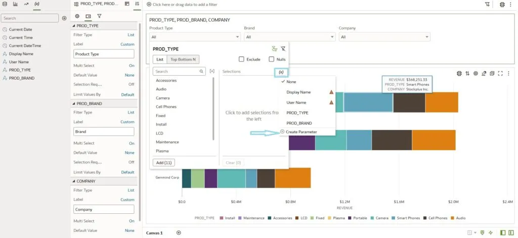 PArameters created by using ‘Create Parameter’ on the list filter