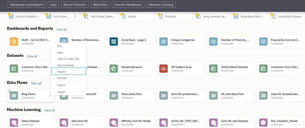 go to the Access tab in the Data Flow properties, open the Data Flow in Oracle Analytics Cloud, and navigate to the Inspect tab