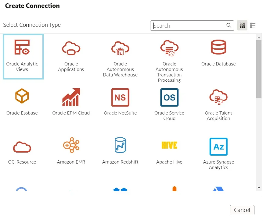 interface to create a connection. Oracle Analytic Views is selected.
