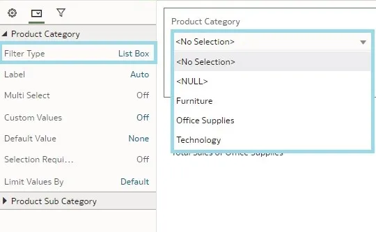 a very simple view of the column values, as well as the null values and the no selection options