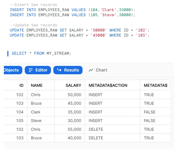 insert two records and update two records in the raw table. View results via select.