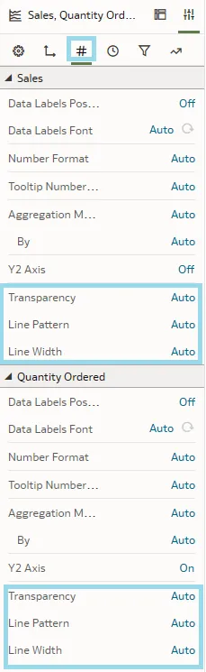 Values tab of menu.  The properties are split for the values displayed on the chart.