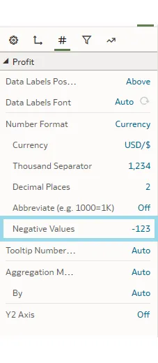 In the Settings panel you see the option to customise the appearance of negative values.