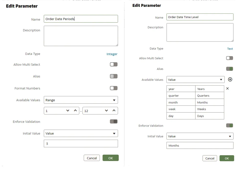 Two examples for Modifications of the paremeters in the Edit Parameter interface