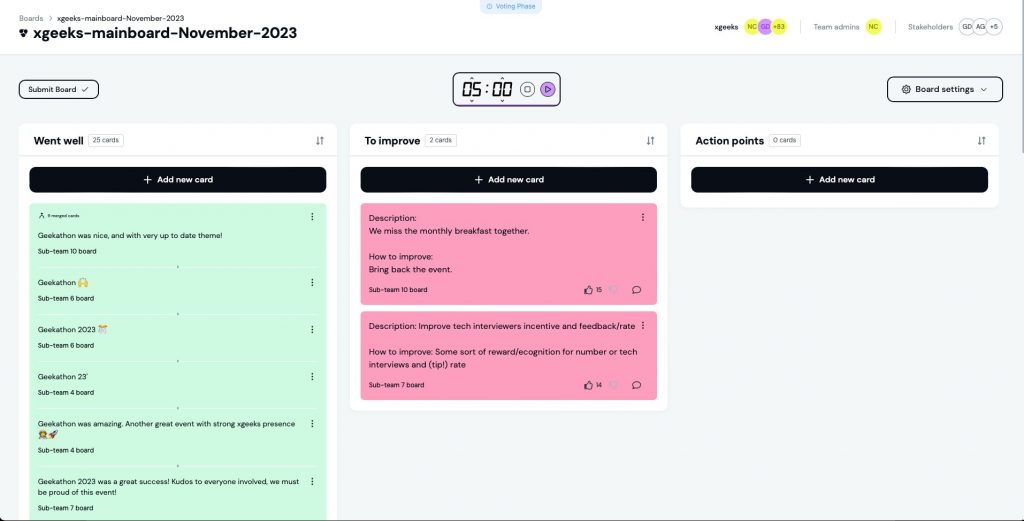 An overview of 3 sections divided into went well, to improve and action points. 