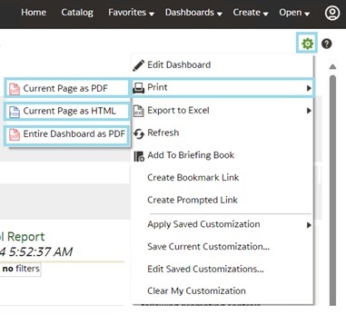 Print menu for the dashboard
