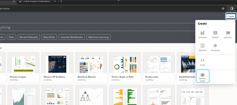 menu to create a semantic model