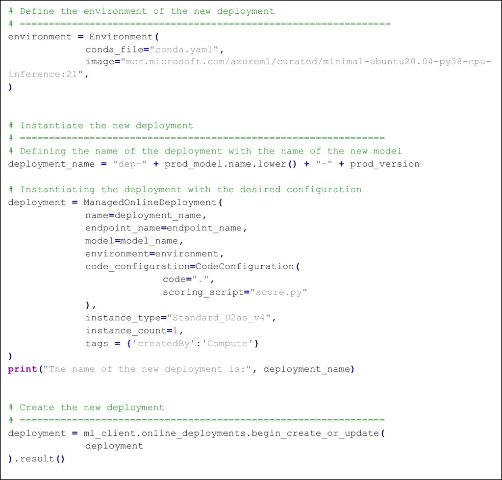 Code example from the deployment step, showing how different tasks are performed