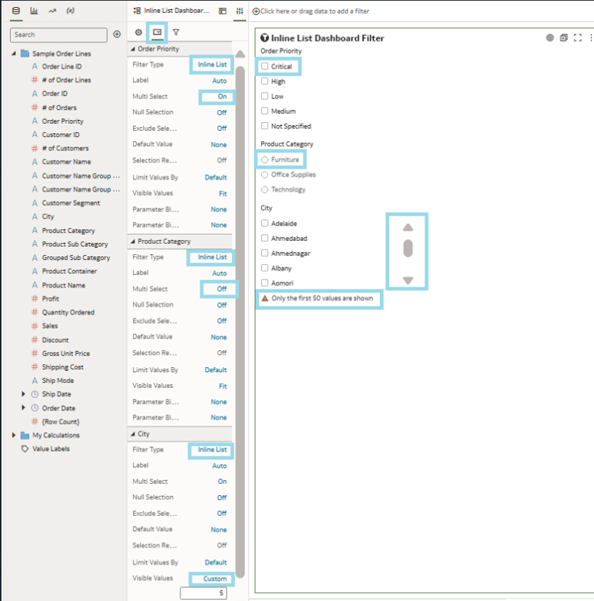 Inline List Dashbaord Filter: Customise which values are displayed.