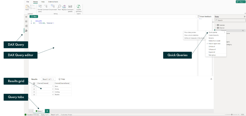 layout of the DAX Query View