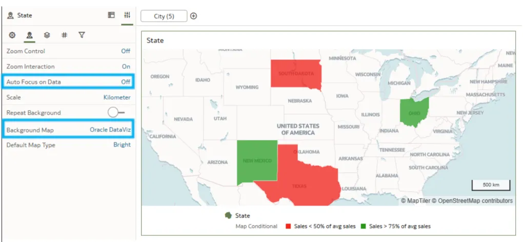 Settings of the map visualisation in OAC