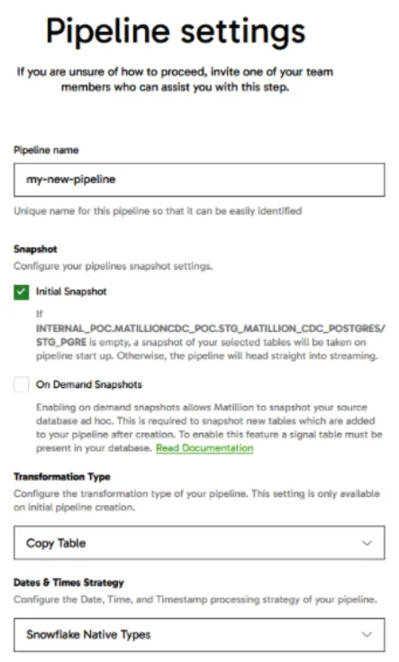 interface for pipeline settings