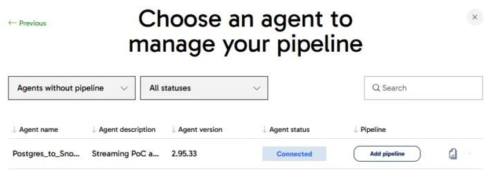 interface to choose an agent to manage your pipeline