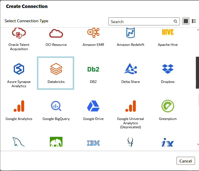 Choosing Databricks connection type from the list