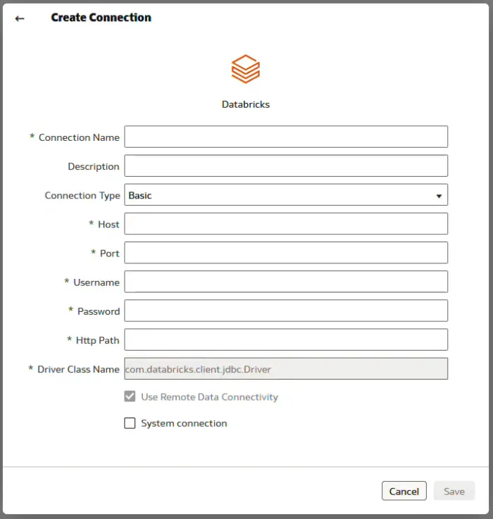 Connection information and Credentials window