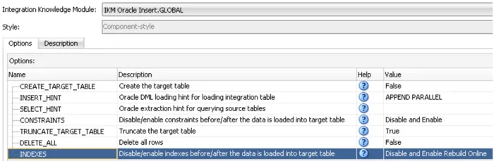 Enable or disable indexes for Integration Knowledge Module