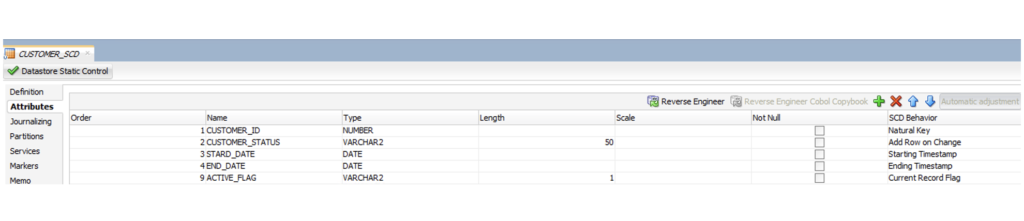 Configuration of attributes in example SCD table