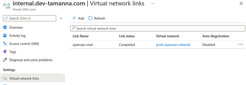 Virtual network link between our VPN machine virtual network and our Private DNS Zone