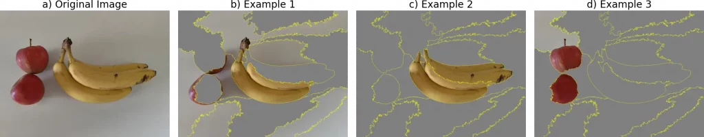 Original image and example images showing bananas and apples with different segments grayed out.