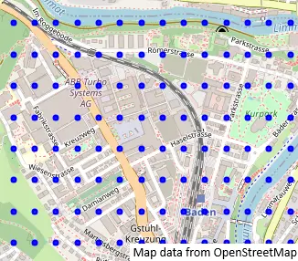 A visualization of coordinates in a rectangular grid over a city map of Baden.